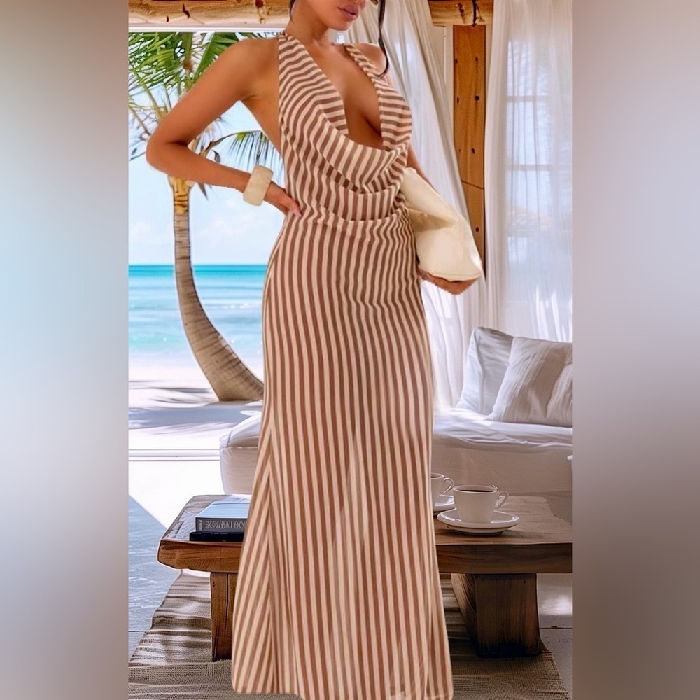 Elegant Striped Sheer See Through Slim Fit Cowl Neck Beach Cocktail Maxi Dress